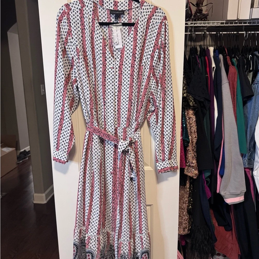 Lane Bryant- Women’s Plus Size Button Front Pink and White Long Sleeve Dress 22W - Picture 3 of 13